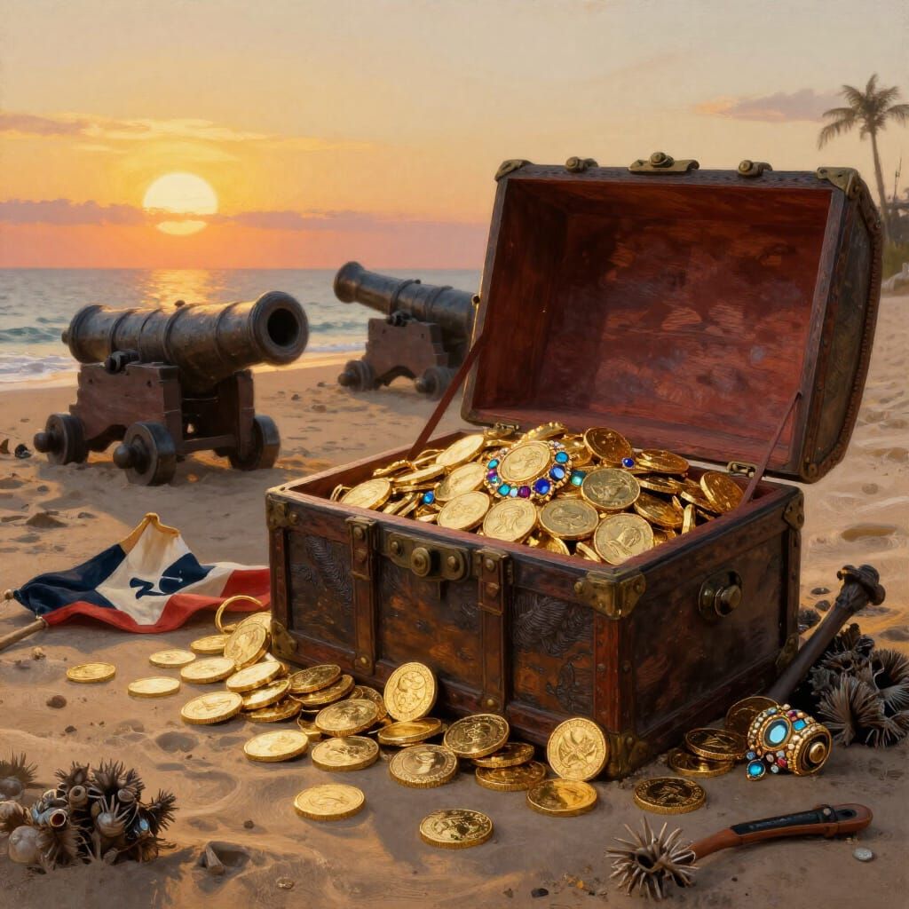 Pirate Treasure Chest on Sandy Beach at Dusk