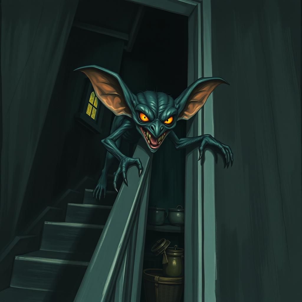 Gremlin on the upstairs landing at night