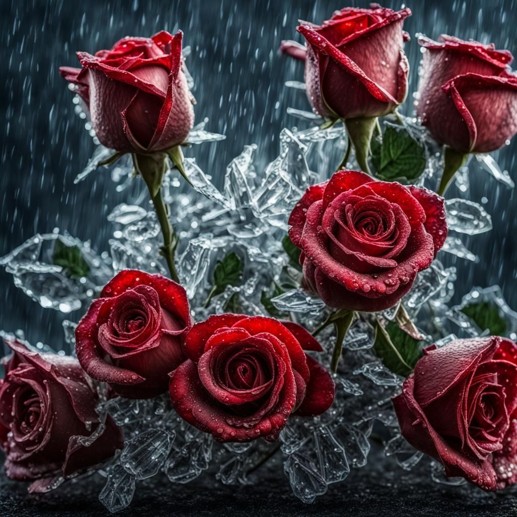 Crystal Red Roses at Night in the Rain