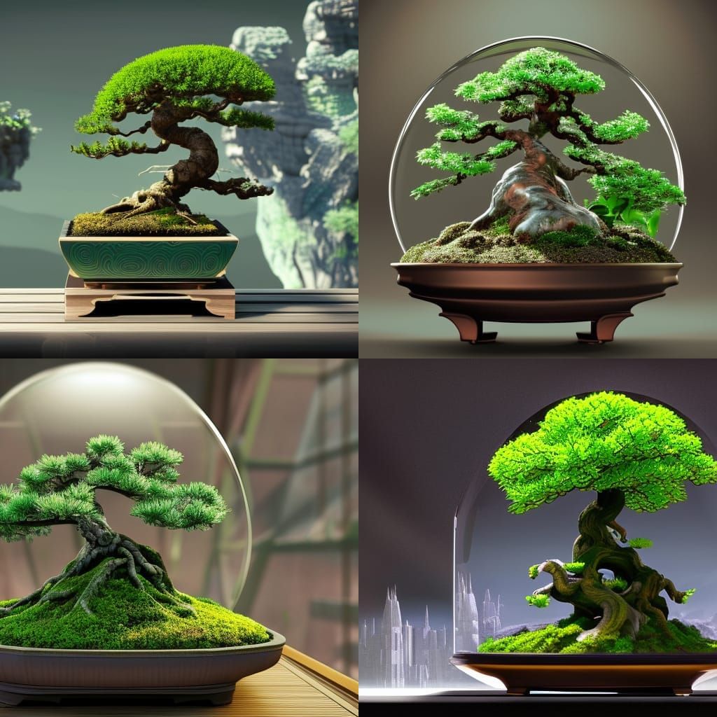Futuristic Bonsai Terrarium: Detailed Matte Painting