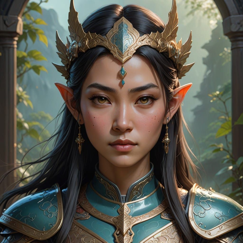 An Asian elf princess wearing child-sized armour
