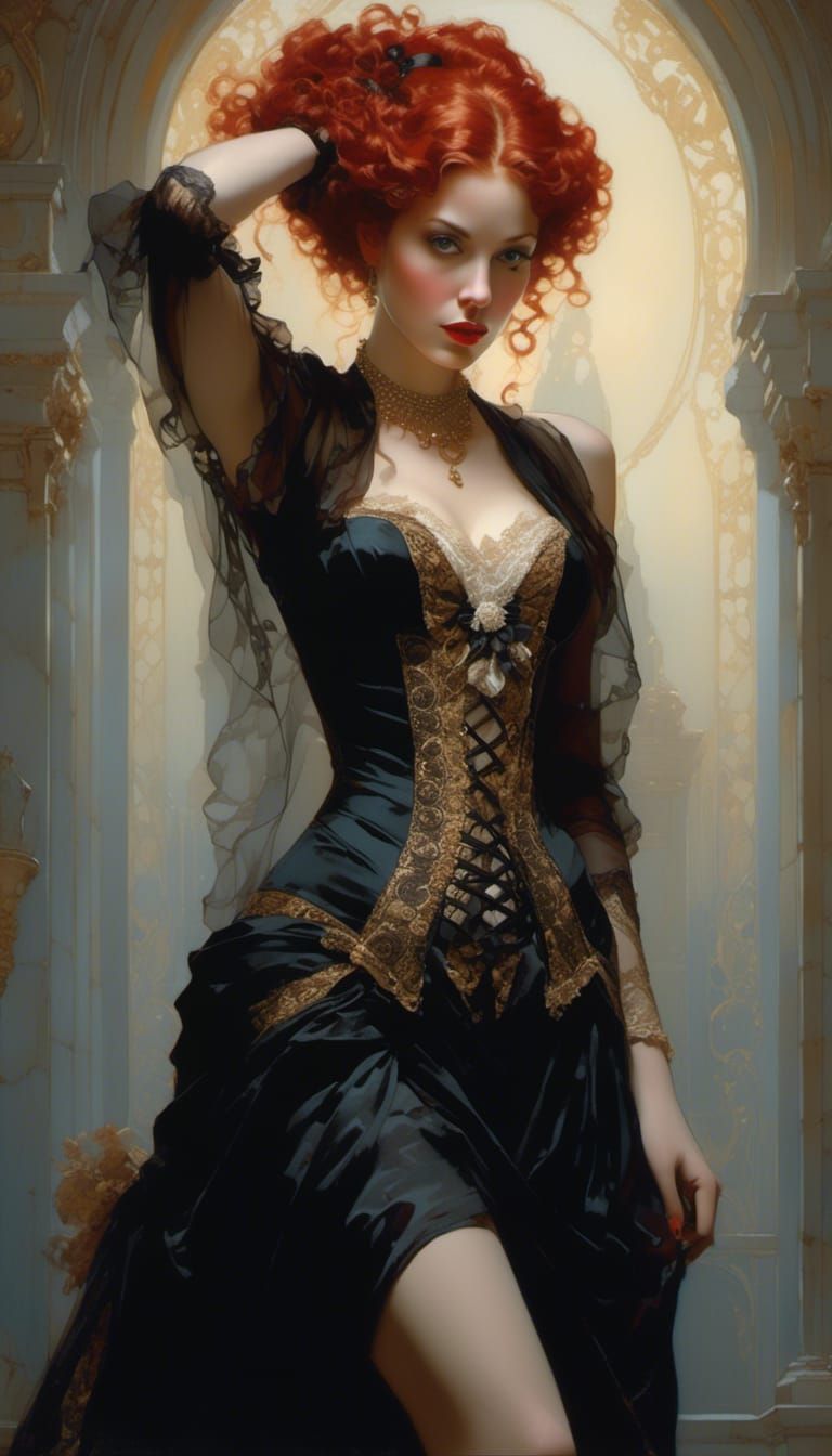 Rococo Velvet Lady Portrait with Red Curls