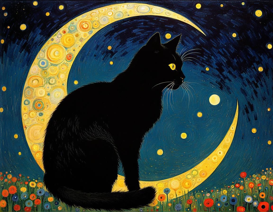 Black Cat Silhouette in Moonlight, Klimt Style
