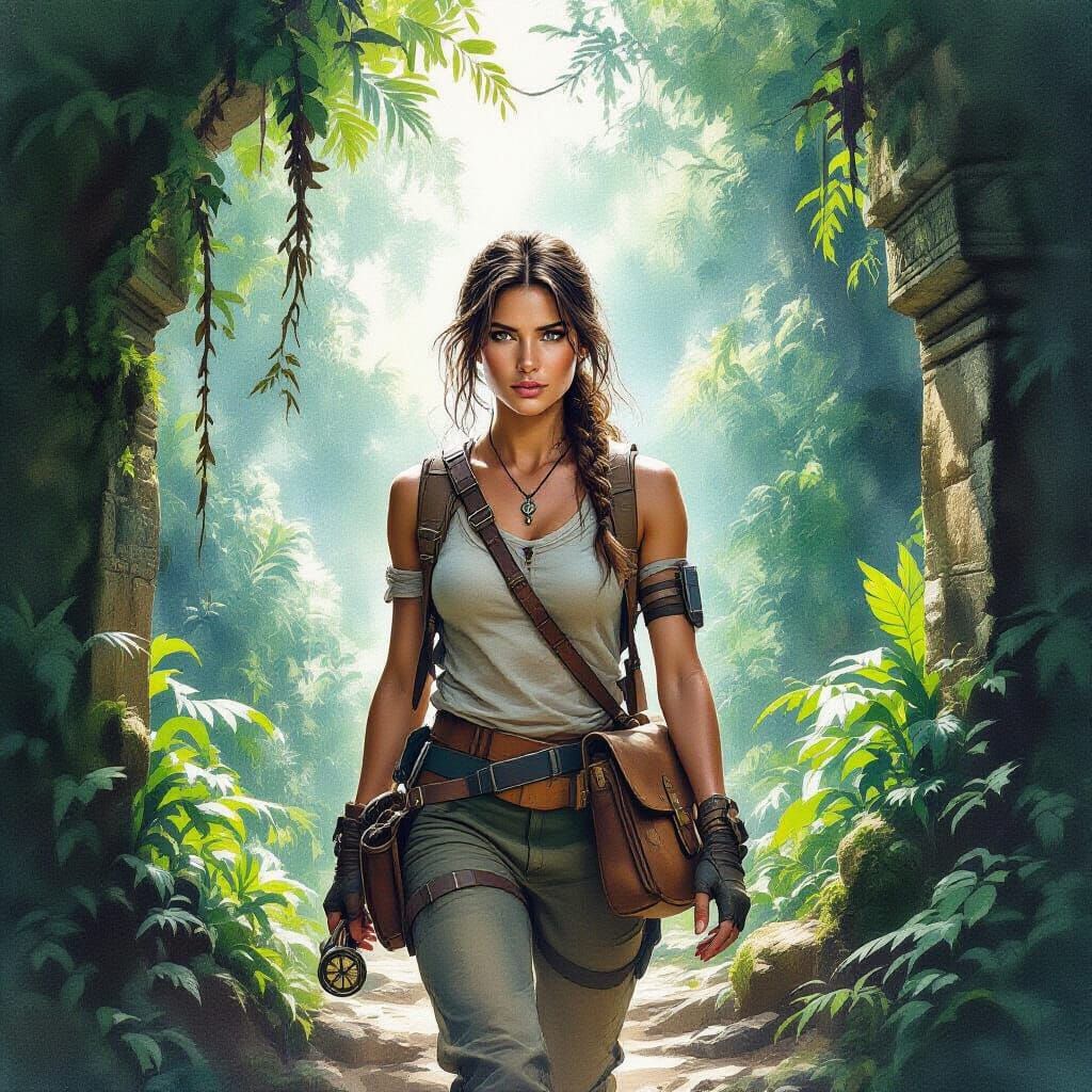 Jungle Explorer Navigates Ancient Ruins in Watercolor Style