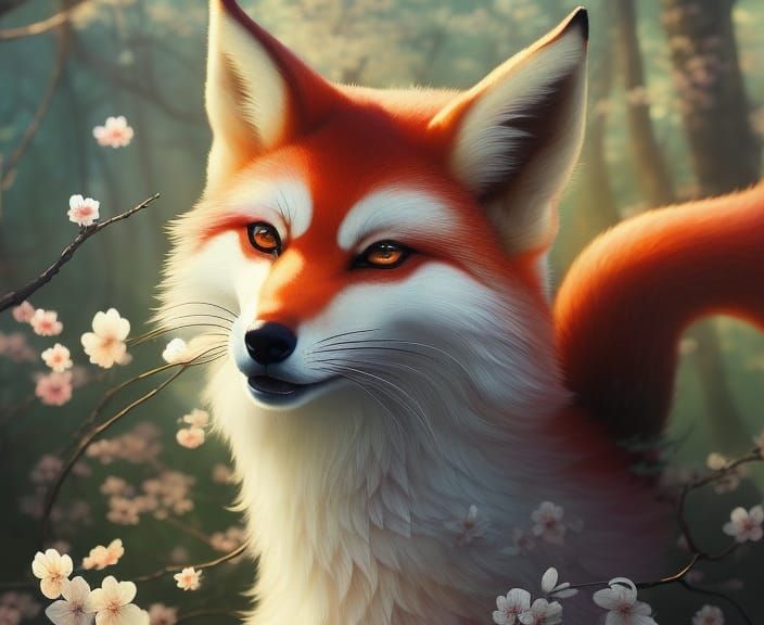 Kitsune Nine-Tailed Fox Spirit in Japanese Anime Style