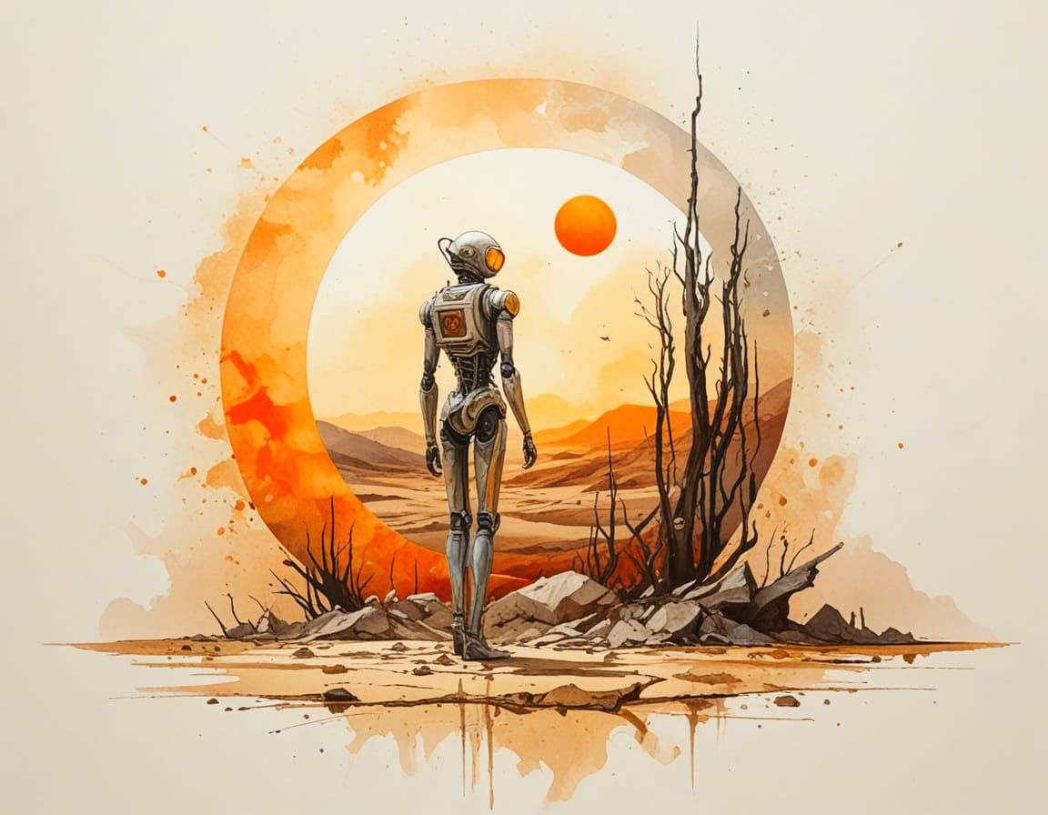 Android with Lotus Lantern in Desert Wasteland