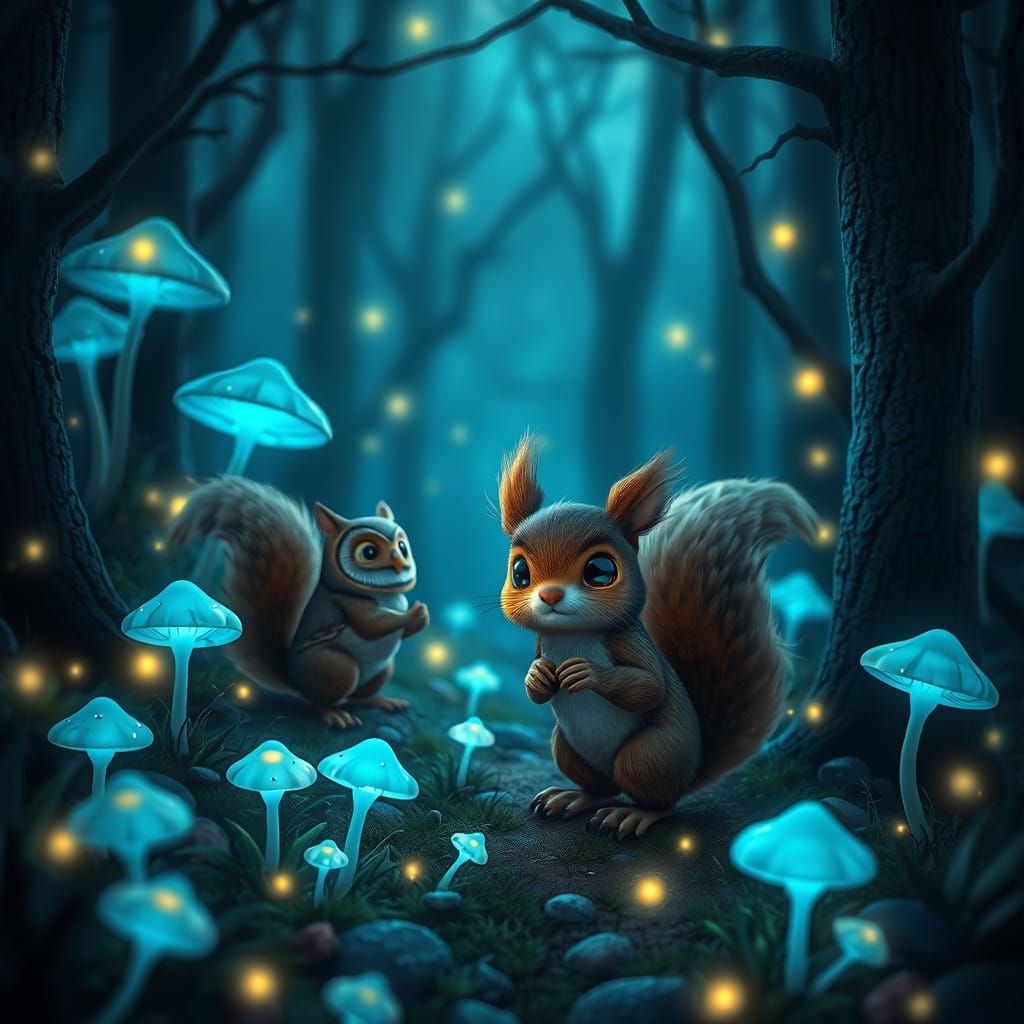 A 3D render of a magical forest at night with bioluminescent mushrooms glowing a soft blue. A cute squirrel and owl are ...