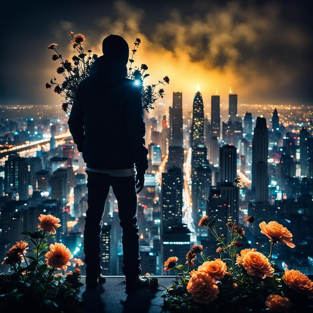 Person with Flowers Silhouette at City Skyline, Graffiti Art