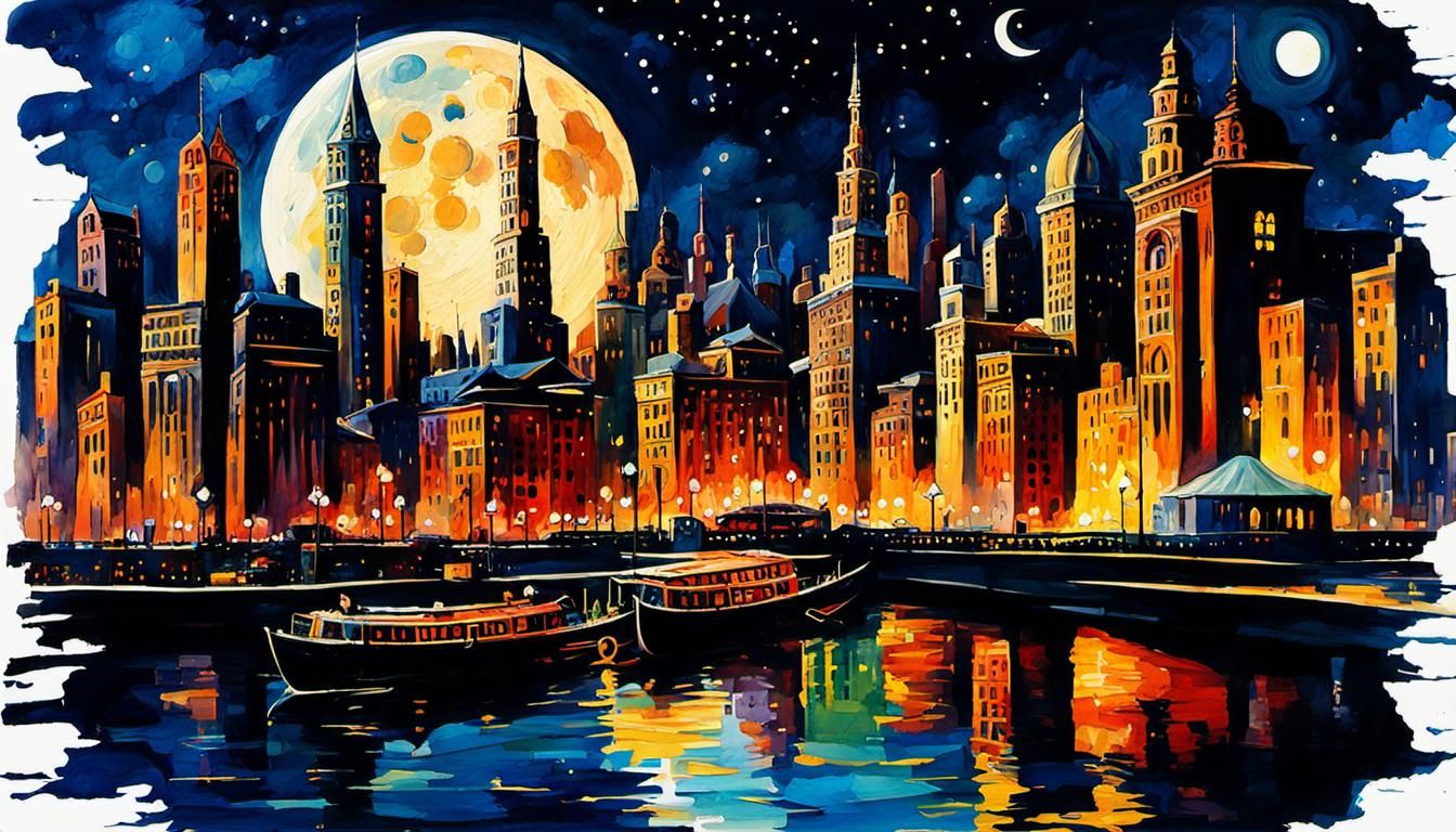 Moon City in Impressionist Gouache Watercolor Style