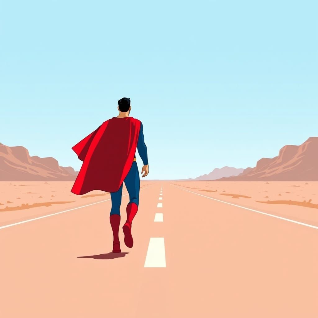 Superman on Desert Highway in Vector Art Style