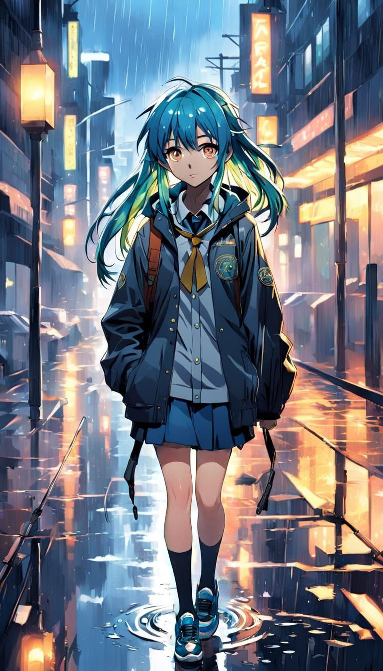 Young Girl Walks Through Rainy City Streets in Anime Style