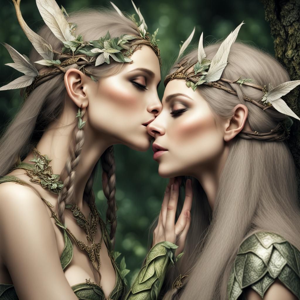 Romantic Kiss Between Two Female Wood-Elves