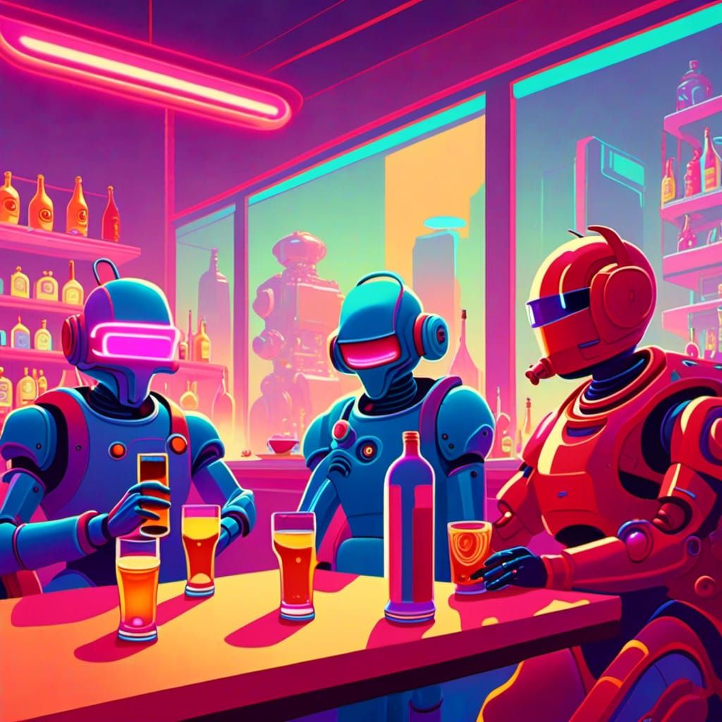 Robots Drinking Alcohol in Outrun Vaporwave Style