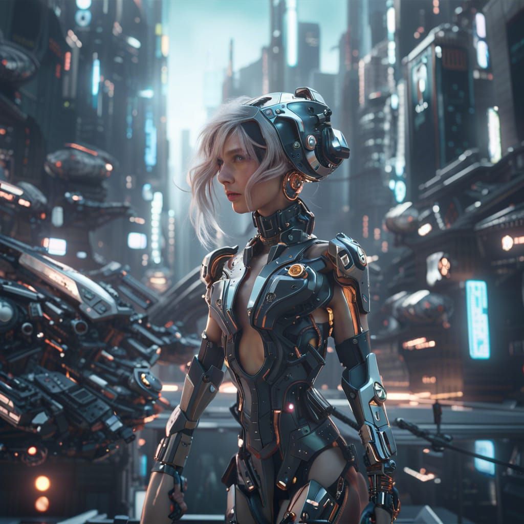 Futuristic Cyberpunk Cityscape with Intricate Mech Details