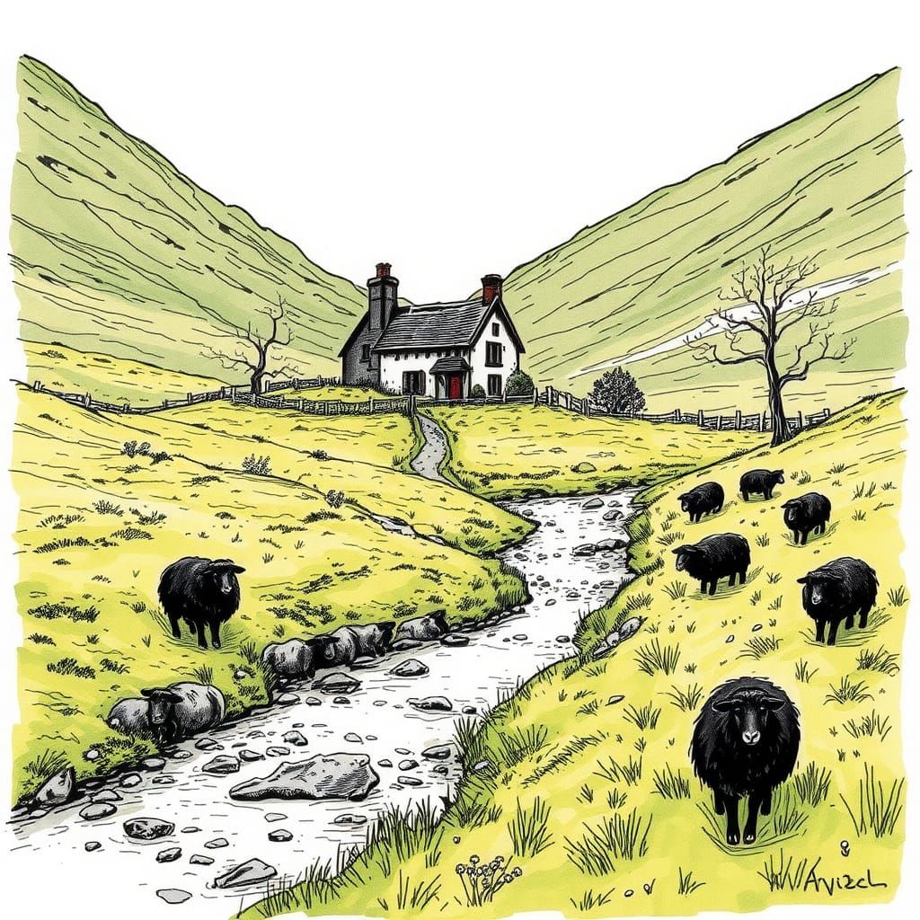Highland Cottage in Valley, Ink Drawing