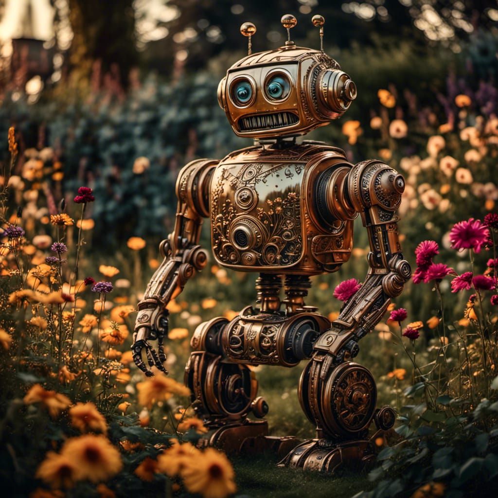 Floral Robot in Garden: Art Nouveau Adventure
