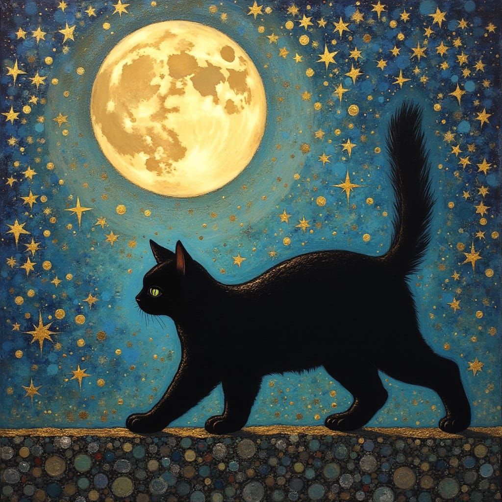 Black Cat Silhouetted by Moonlight: Art Nouveau Style