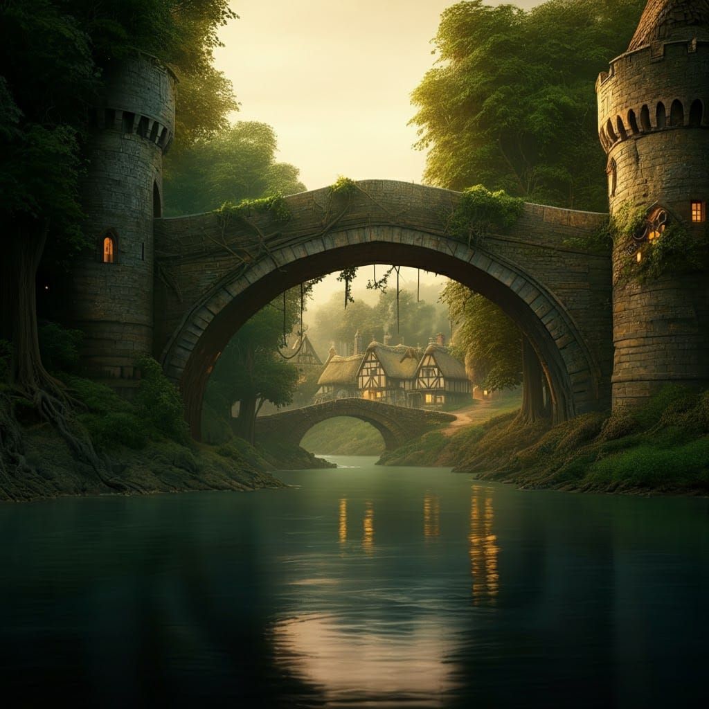 Medieval Village by River at Dusk