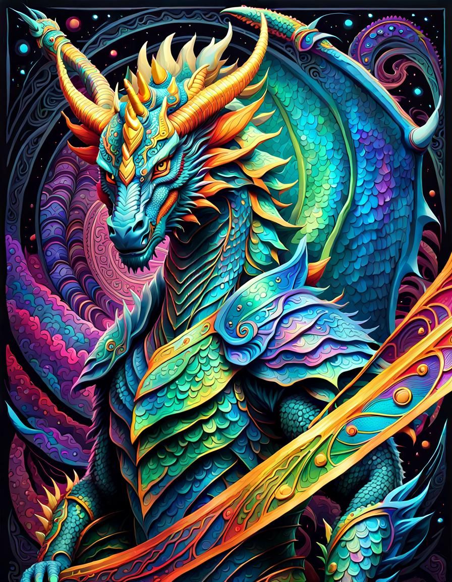 Mystical Dragon Warrior in Psychedelic Neon Forest