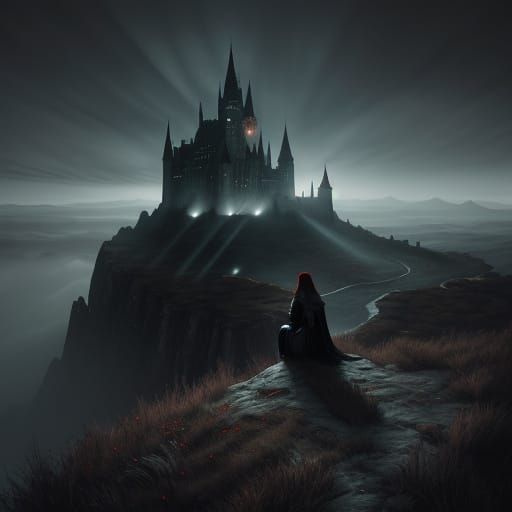 Girl in Dark Cape Gazes at Gothic Castle Under Red Moon