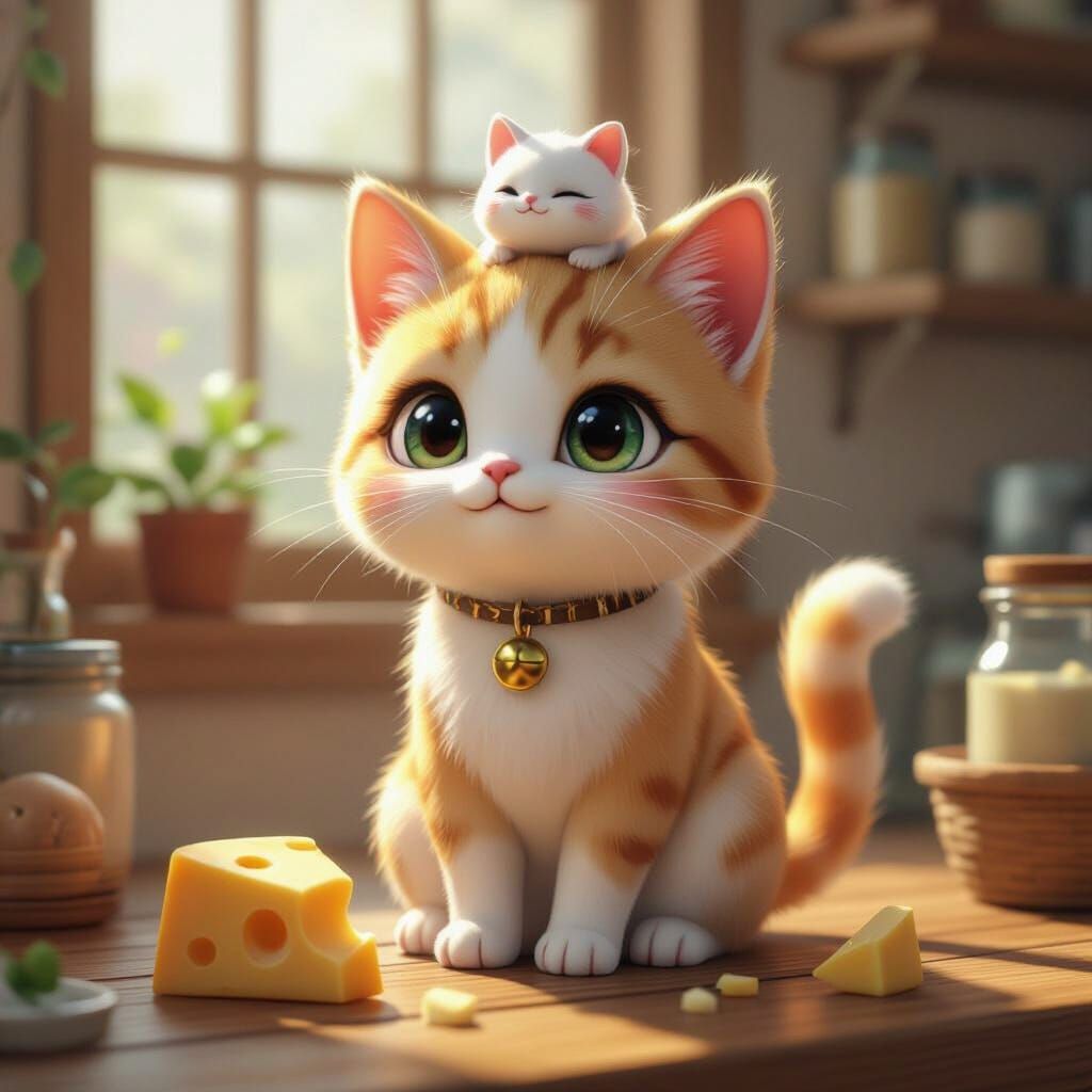Anime Cat with Mouse on Head & Cheese, 3D Style