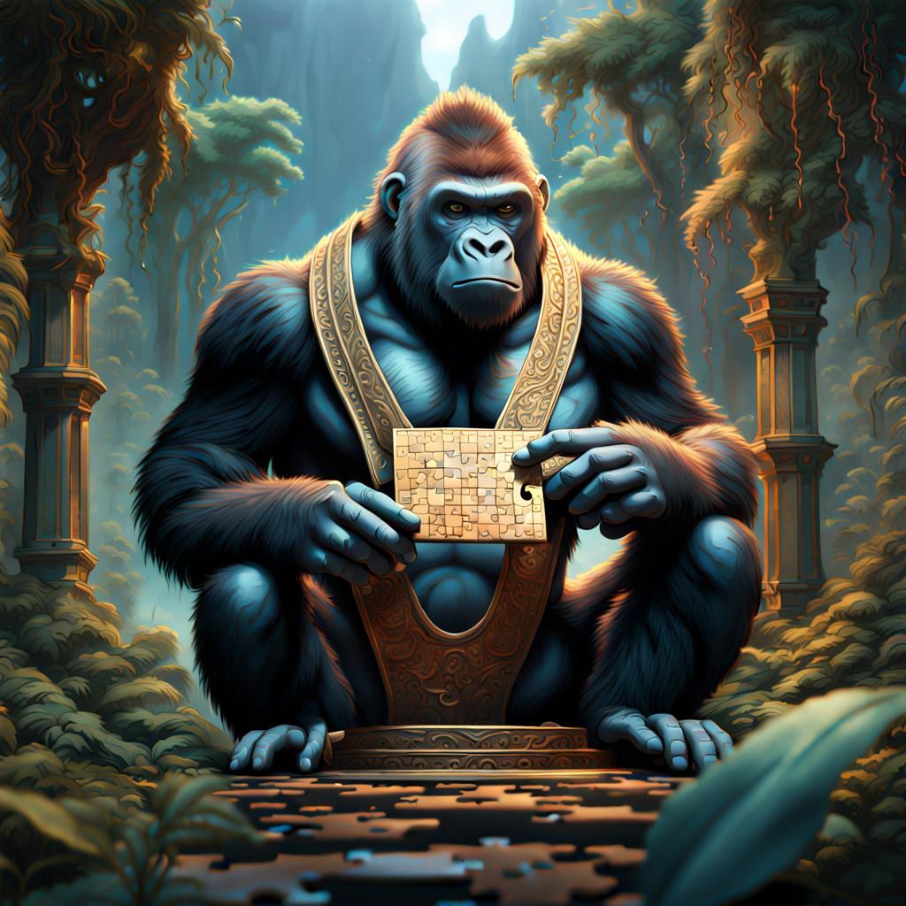 Detailed Matte Painting of a Gorilla Solving a Puzzle