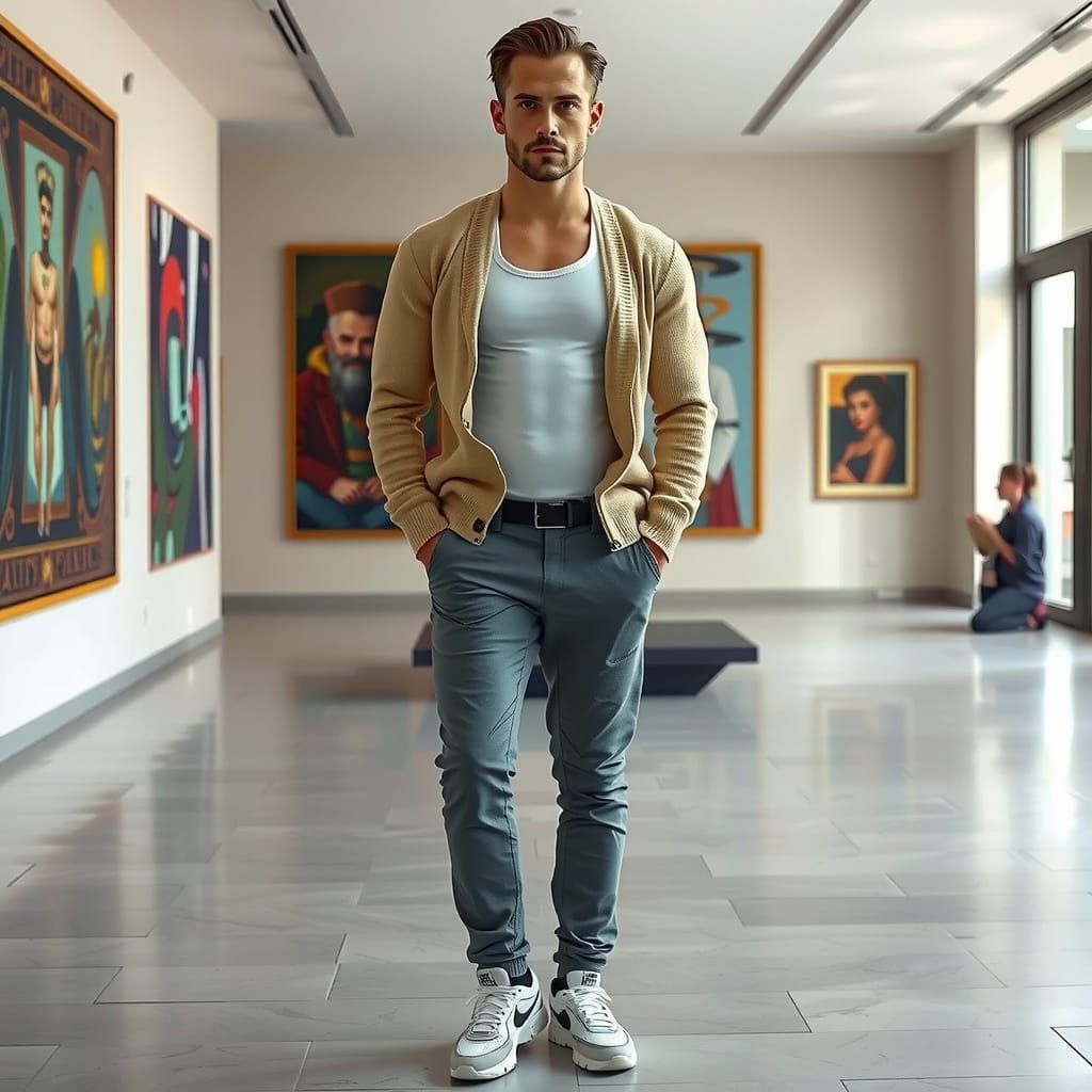 Man in Art Gallery: Atmospheric, Futuristic Realism