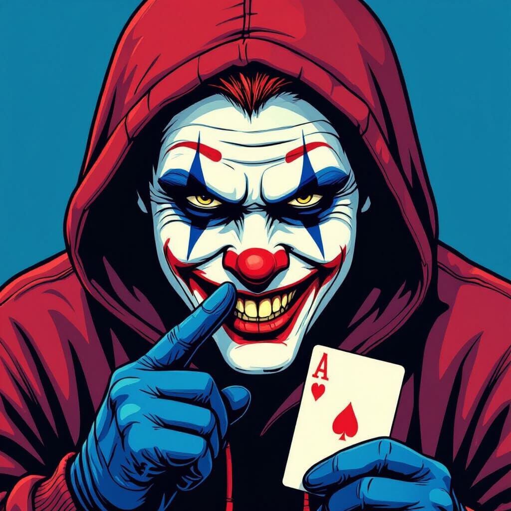 Menacing Clown in Hoodie Shushing with Joker Card