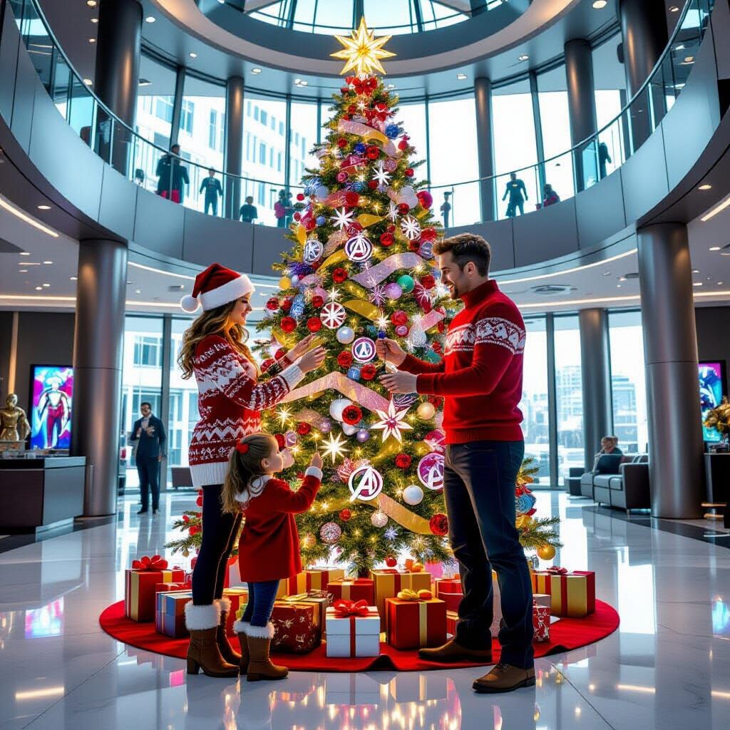 Festive Christmas at Avengers Tower in Comic Book Style