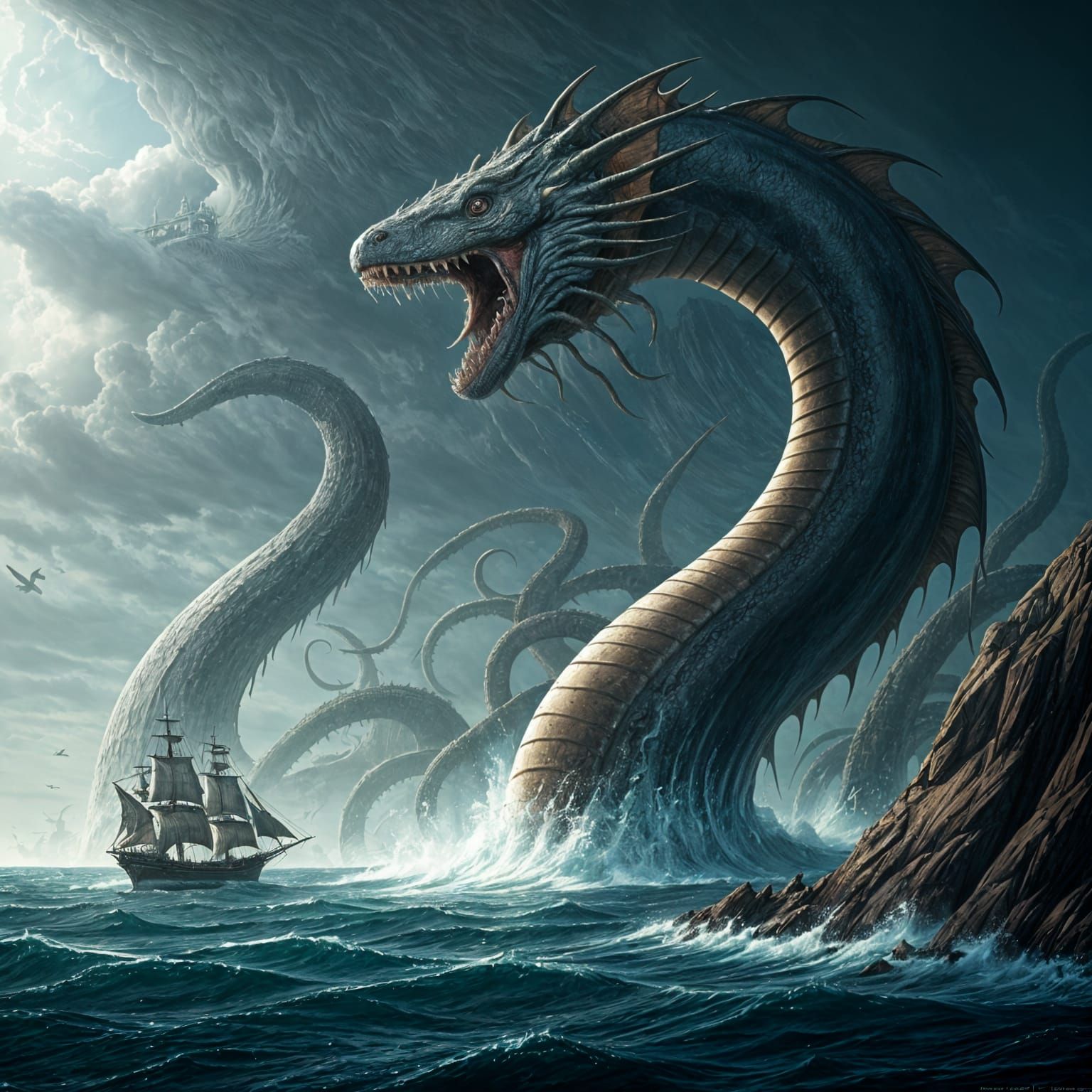 Titanic Sea Monster Roaring Near Ship, Fantasy Art