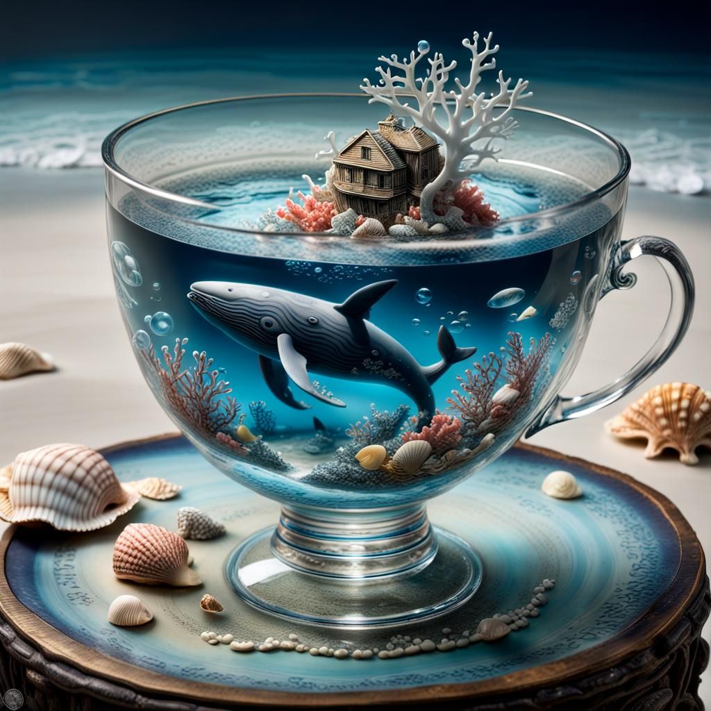 Underwater Kingdom Inside Teacup, Hyperrealistic Surrealism