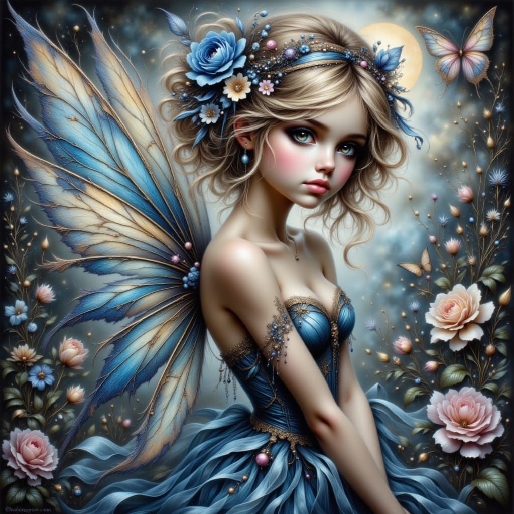 Adorable Whimsical Fairy in Victorian Blue and Gold