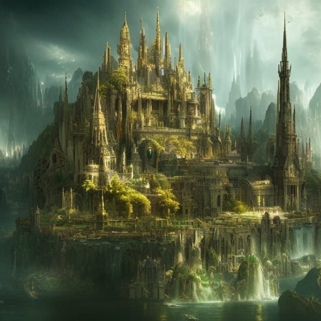 Utopian City of Light with Floating Gardens