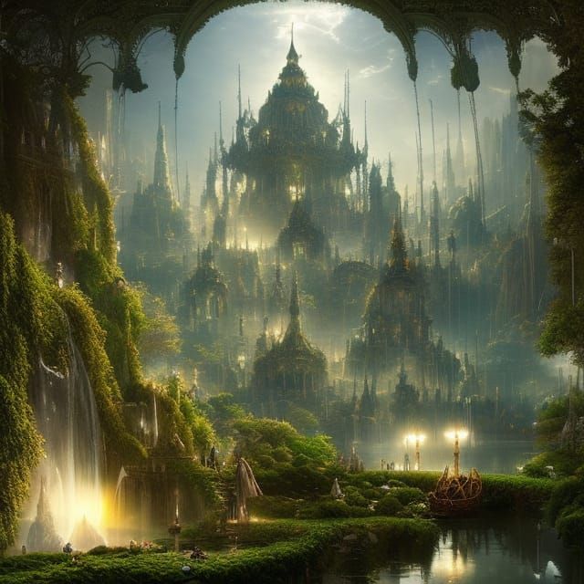 Utopian City of Light with Floating Gardens