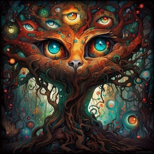 Magical Eye Tree with Demon Eyes, Oil on Canvas