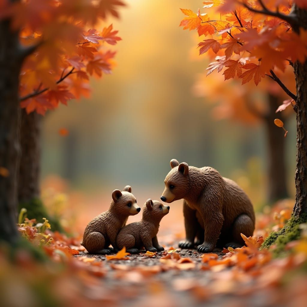 Miniature Fall Forest with Mother Bear and Cubs