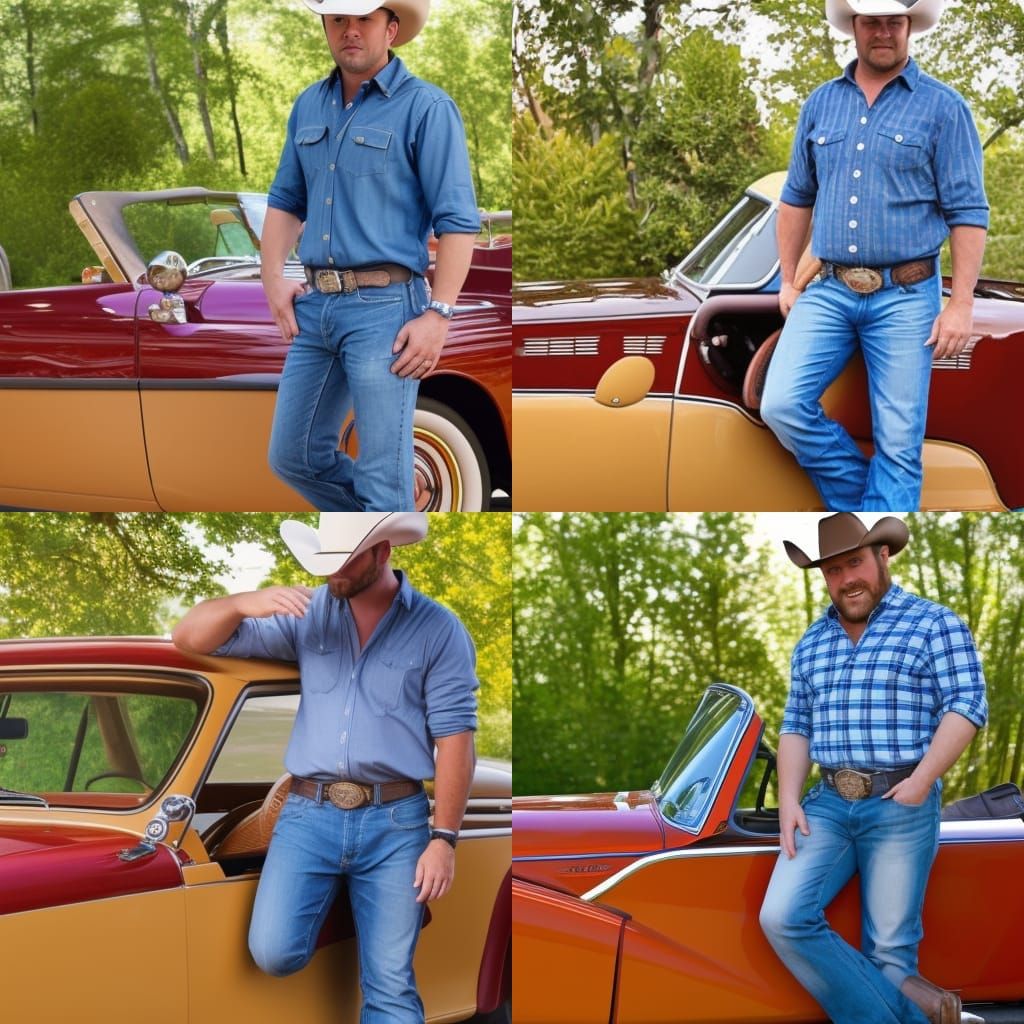 Cowboy with Dad Bod and Classic Car