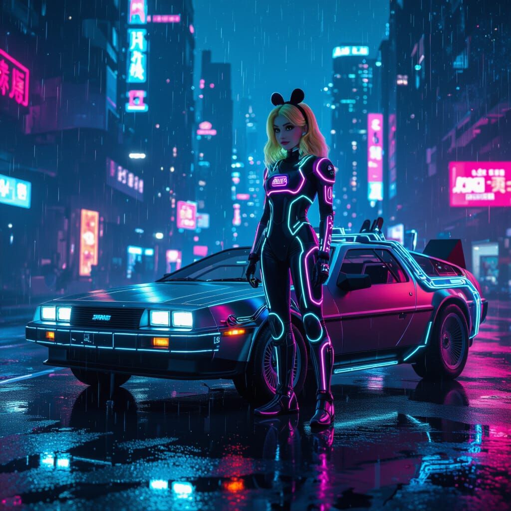 Alice in Cyberpunk TRON Suit with DeLorean