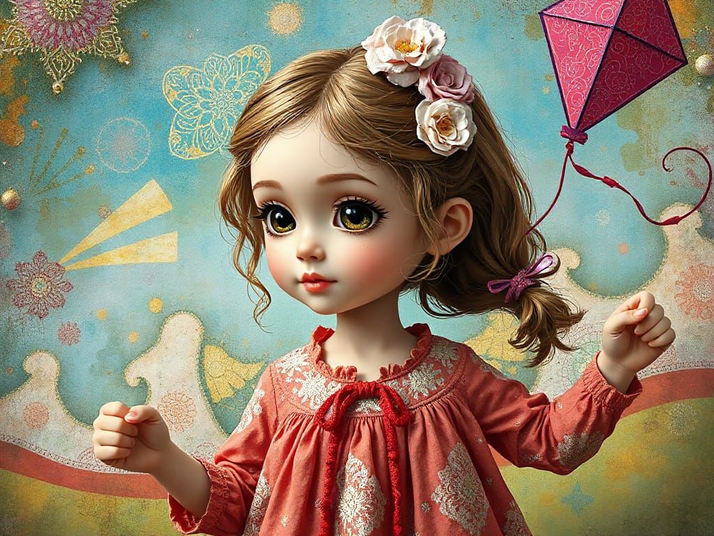 Girl Holding Kite String in Surreal Fresco Style