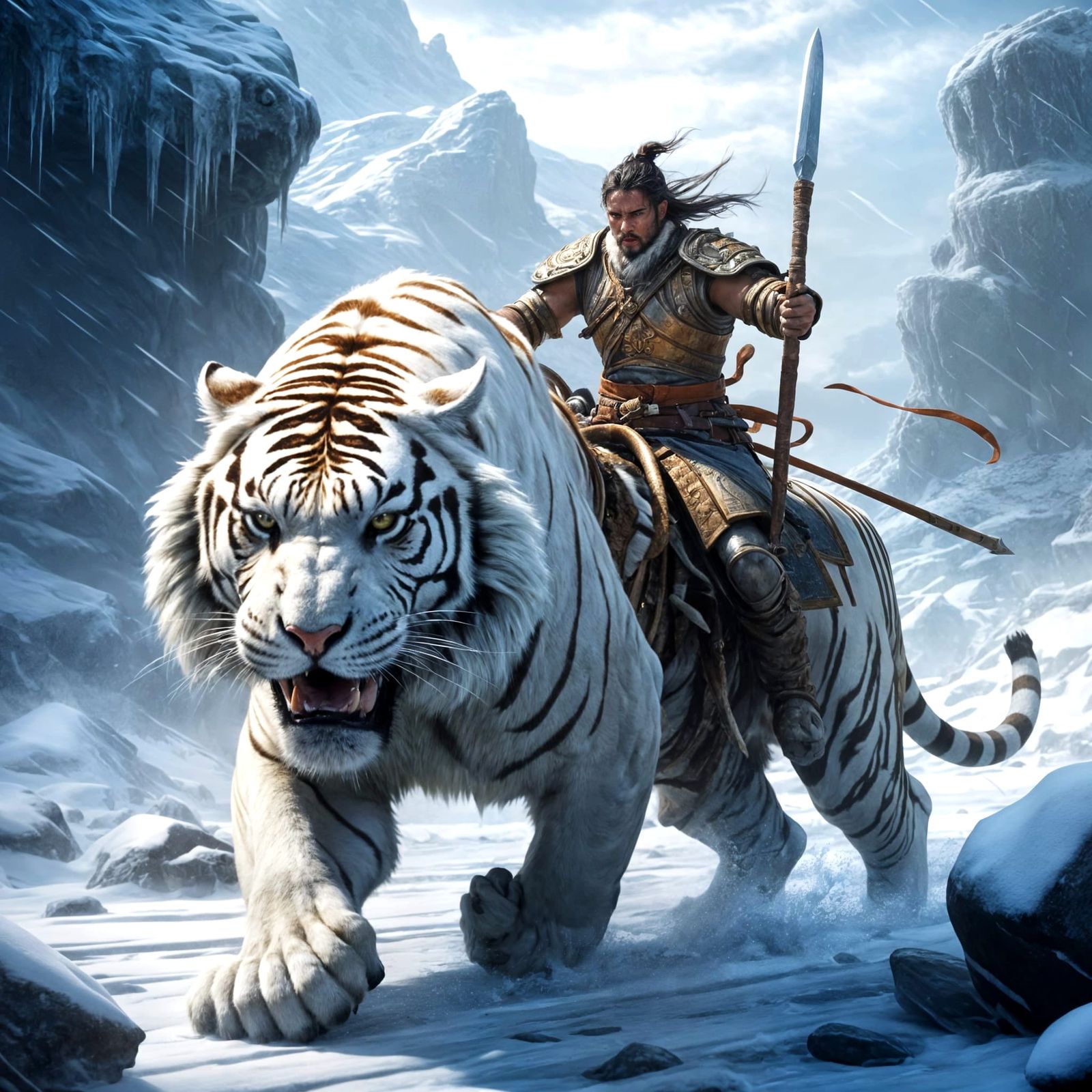 Cyberpunk Tiger Warrior in Epic Winter Battle