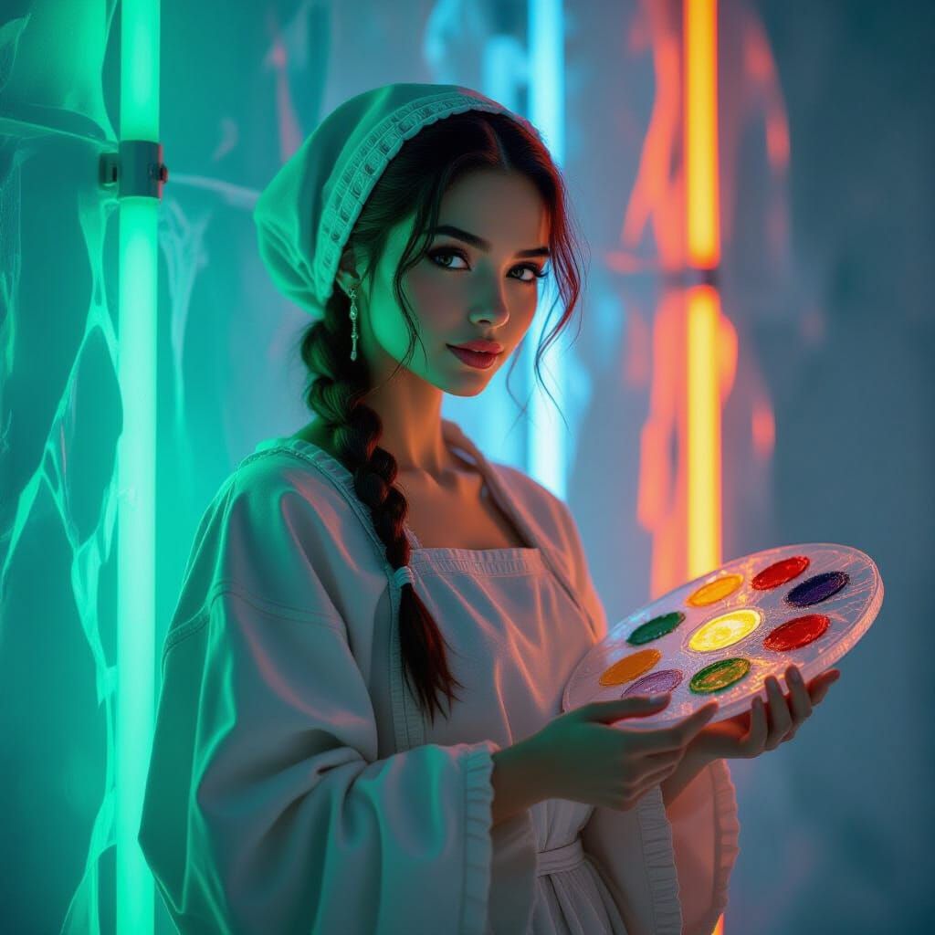 Renaissance Artist Ice Sculpture Under Neon Lights