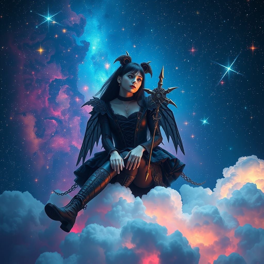 Gothic Girl Amongst Cosmic Stars in Vibrant Cloudscape