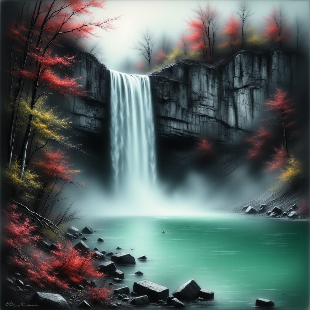 Majestic Waterfall Flowing into Bioluminescent Waters