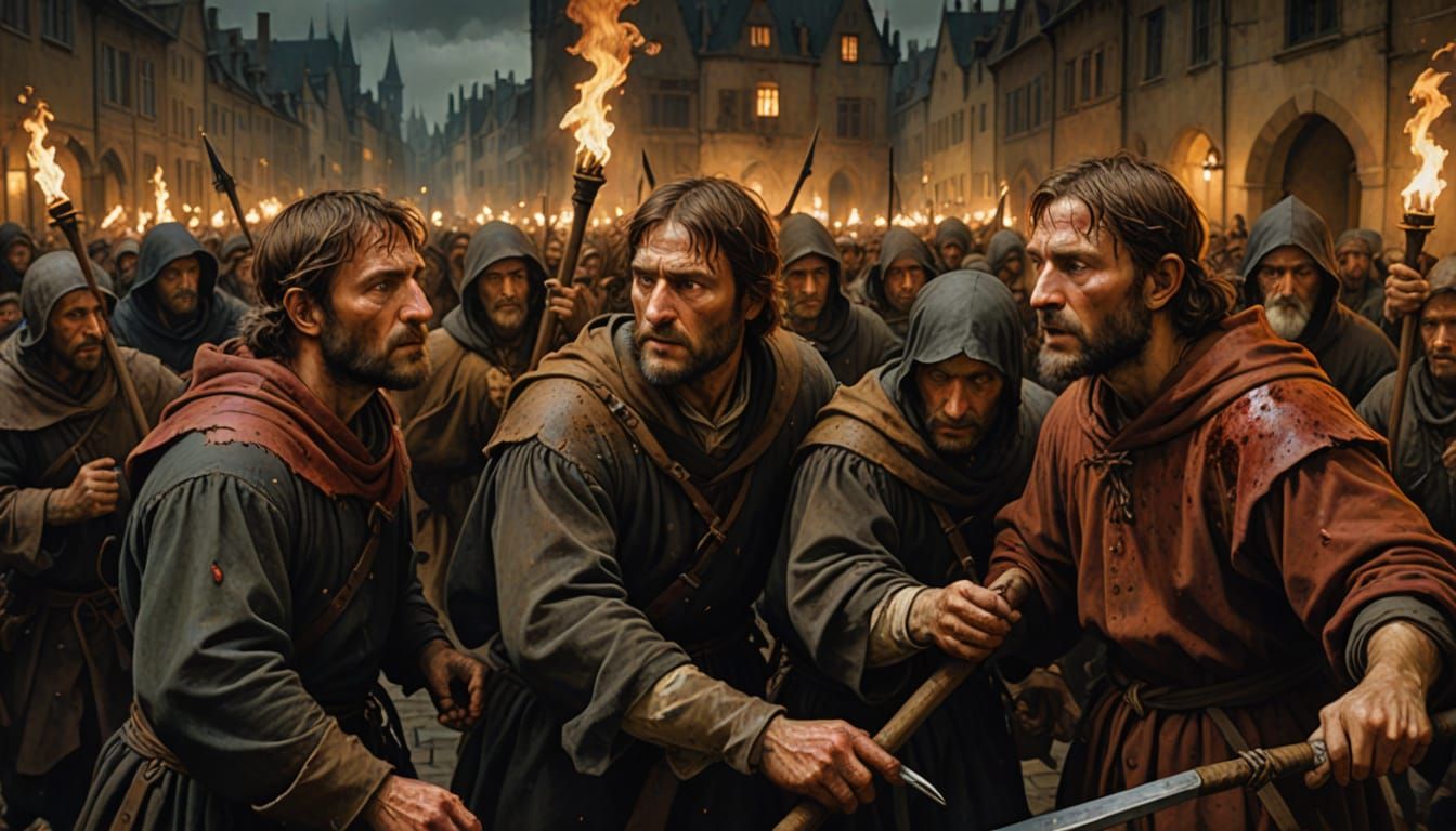 Flagellant Procession in Holbein Style Oil Painting