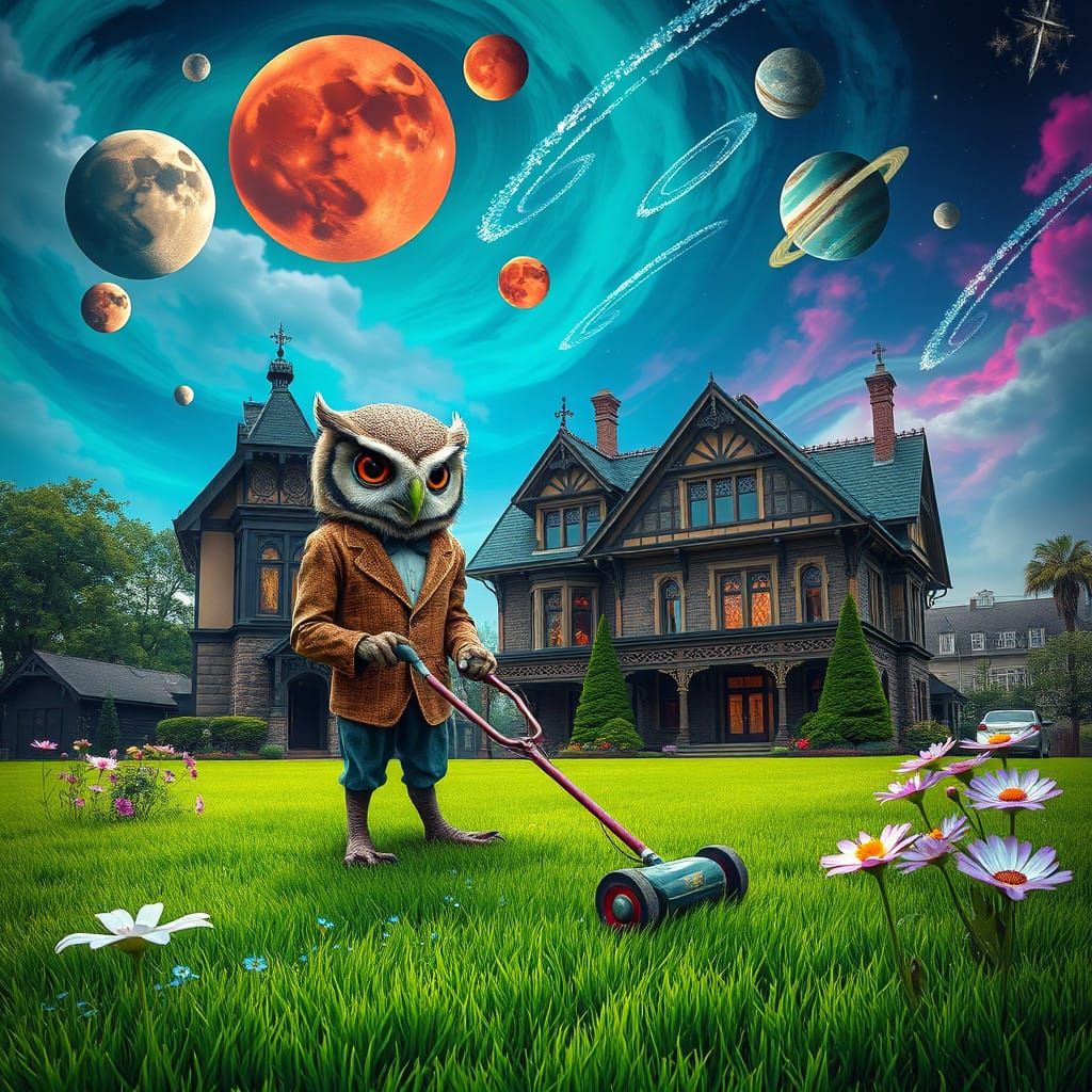 Anthropomorphic Alien Owl Mows Lawn in Victorian Gothic Para...