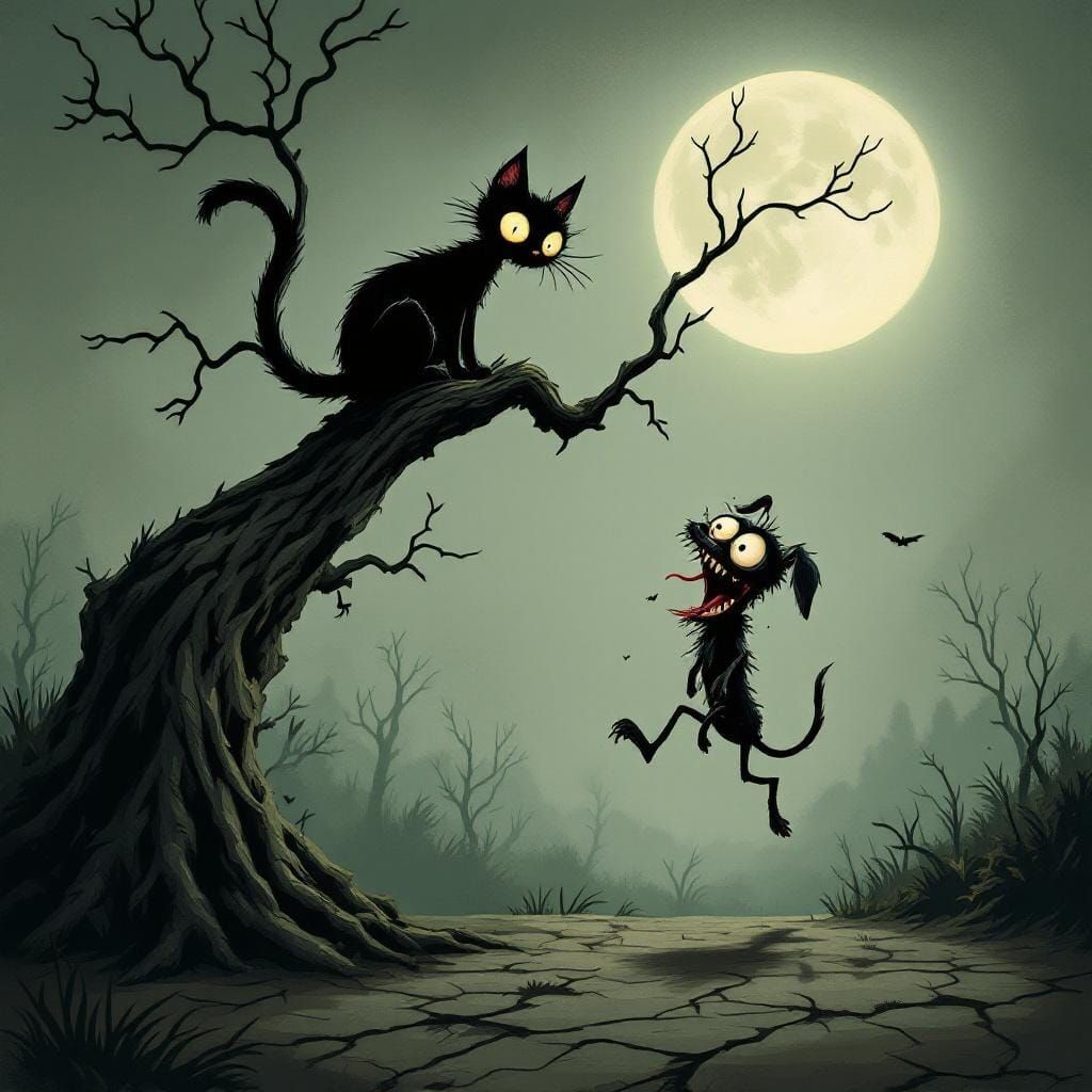 Gothic Cat and Cartoon Dog in Tim Burton Style