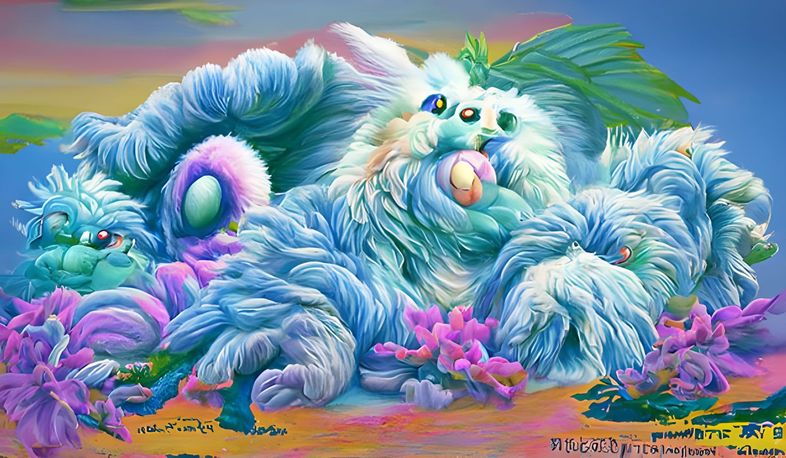 Blooming Fluffy Monster in Vaporwave Surrealism