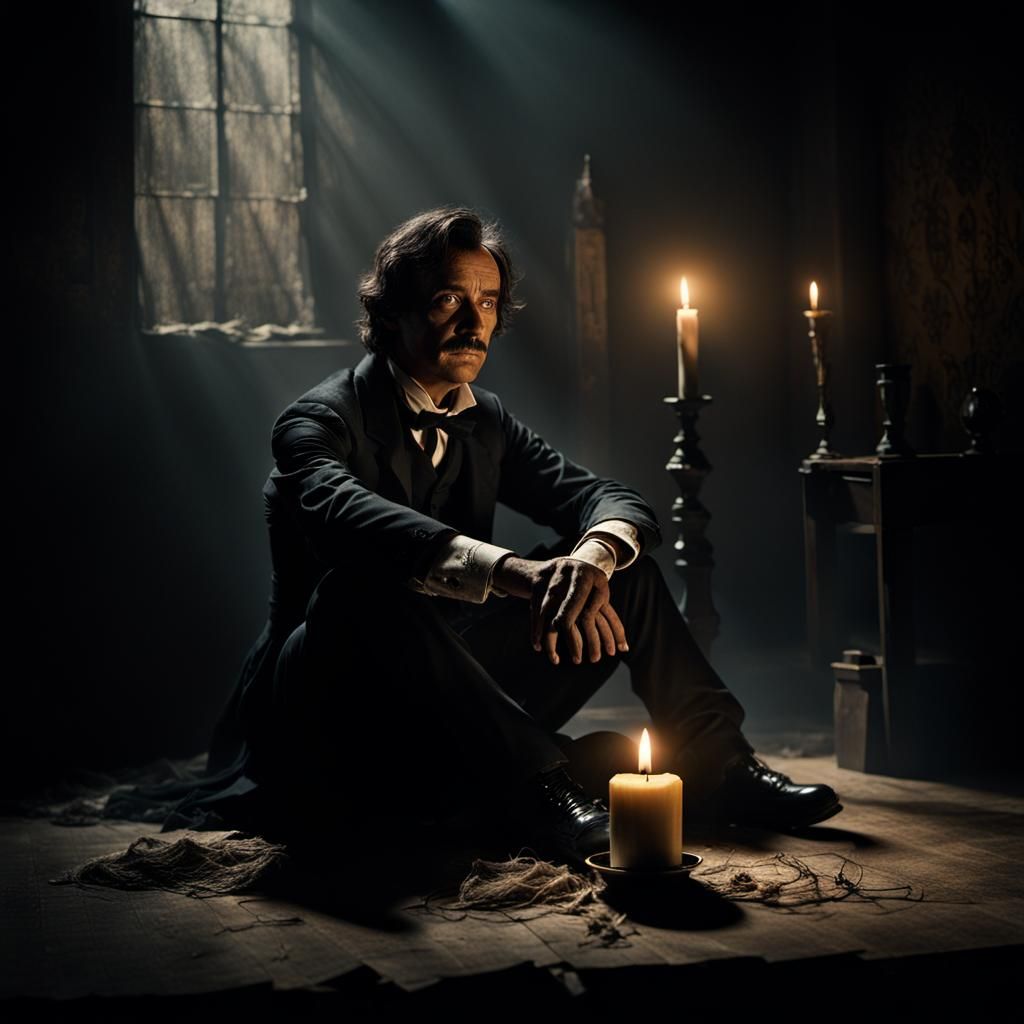 A lonely, forgotten man brooding in a dark room with dust an...