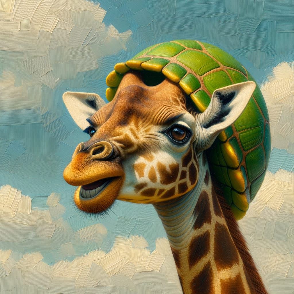 Joyful Green Giraffe Dons Turtle Shell: Oil Painting