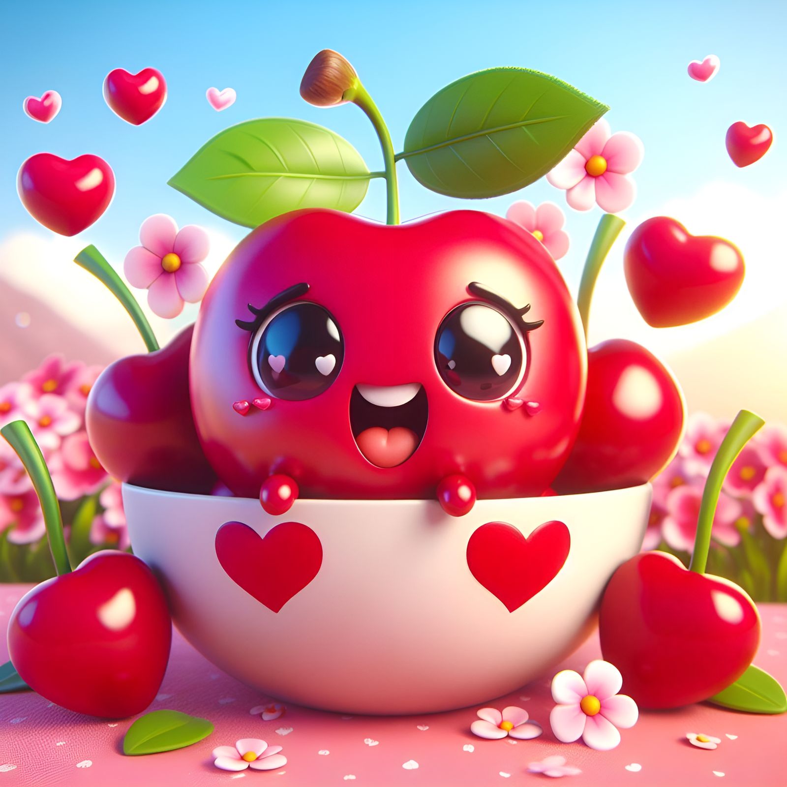 Adorable Cartoon Cherry Surrounded by Hearts